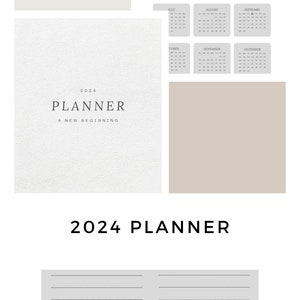 May include: A 2024 planner with a grey background and a calendar for each month. The planner also includes sections for "Grateful For" and "To Improve".