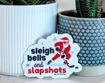 Sleigh Bells and Slapshots Hockey Sticker | Santa Hockey Gift | Christmas Hockey Sticker | Hockey Mom Gift | Winter Sports Decal