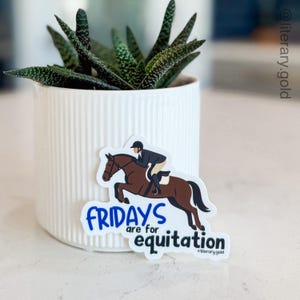 May include: A white sticker with a cartoon illustration of a horse and rider jumping over an obstacle. The sticker has the text "Fridays are for equitation" in blue and black. A potted succulent plant is in the background.