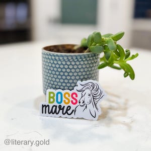 May include: A white sticker with a black line drawing of a horse's head. The words "BOSS mare" are written in colorful letters on the sticker.
