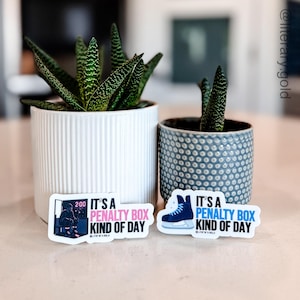 May include: Two potted succulents with green and white striped leaves. Two stickers with the text "IT'S A PENALTY BOX KIND OF DAY" are in front of the pots. One sticker features a hockey player, the other a hockey skate.