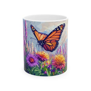 Monarch Butterfly Ceramic Mug, 11 oz Wildflowers Coffee Cup, Butterfly Theme Mug, Botanical Tea Mug, Floral Pattern Drinkware