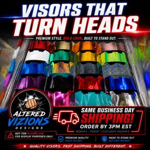 May include: A collection of football helmet visors in various metallic, solid, and iridescent colors. The text reads VISORS THAT TURN HEADS, PREMIUM STYLE. BOLD LOOK. BUILT TO STAND OUT, ALTERED VIZIONS DESIGNS, and NOT FOR IN GAME USE.