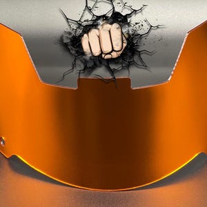 May include: A bright orange, semi-transparent football helmet visor with a curved shape and mounting holes on each side. Above the visor, a graphic illustration depicts a human fist punching through a cracked, dark gray surface.