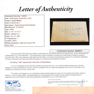 Grace Moore (falecida em 1947), atriz, cartão postal autógrafo do governo assinado à mão com carta JSA completa