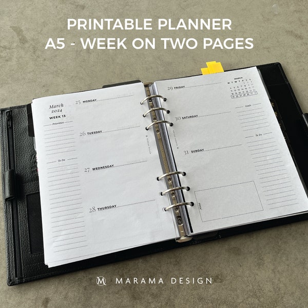 2024 Week on two pages - A5 Printable Planner - 2024 Dated Week at a Glance - Digital Download- A5 Printable Planner Inserts - Mon Start