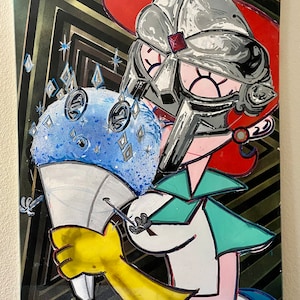 May include: A cartoon woman wearing a silver helmet and red hat holds a blue and white snow cone with a yellow glove. The background is a black and gold geometric pattern.