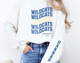 May include: White sweatshirt with the text "WILDCATS" repeated five times in blue and yellow. The text "Sulphur Springs, Texas" is printed below the word "WILDCATS". The word "HANNAH" is printed vertically on the right sleeve in blue.
