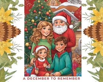 May include: A family of four stands in front of a decorated Christmas tree. Santa Claus is in the background. The image is titled "Magical Christmas Adventure Interactive Family Coloring Pack A December to Remember".