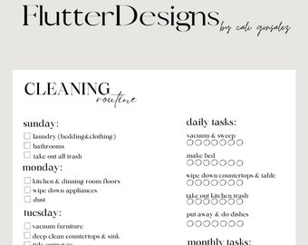 May include: A green and white checklist with the title "Cleaning Routine" and a list of daily, weekly, and monthly cleaning tasks. The checklist includes tasks like vacuuming, making the bed, washing laundry, and cleaning the kitchen.