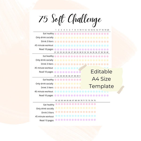 EDITABLE 75 Soft Tracker Template, Size A4, Canva Editable Template, Workout Challenge, Lifestyle, 75 Day Challenge, 75 Soft Challenge