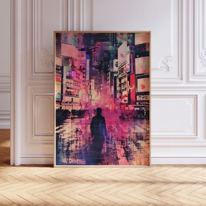 Puede incluir: Una impresión de arte digital de una persona caminando por una calle en una ciudad con edificios altos y letreros de neón. La calle está llena de gente y los edificios están iluminados con colores brillantes. La persona lleva una chaqueta oscura y camina hacia el espectador.