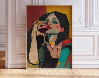 Abstract Wine Woman Art Print: Boho Bar Cart Decor (Digital Download)