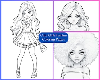 16 Cute Girl Fashion Digital Coloring Book, Coloring Pages, Women Printable PDF