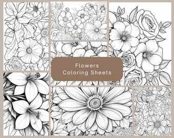 May include: A set of eight black and white flower coloring pages. The pages feature a variety of flowers, including roses, lilies, and daisies. The title "Flowers Coloring Sheets" is displayed in the center of the image.