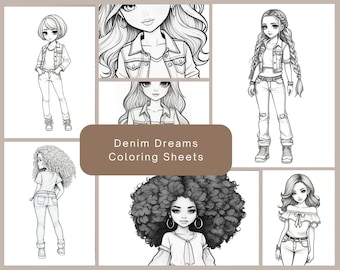21 Beautiful Girl In Denim Fashion Clothes Digital Coloring Book, Clothing Coloring Pages, Women Printable PDF