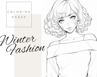 May include: A black and white line drawing of a woman with curly hair wearing an off-the-shoulder top. The image is titled "Winter Fashion" and is labeled "Coloring Pages".