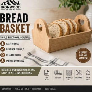 Op de afbeelding: Een rechthoekige broodmand van lichtgekleurd hout met hartvormige uitsparingen in de handgrepen aan de zijkant, met vier sneetjes brood erin. De afbeelding bevat tekst: IRONWOOD DESIGNS, BREAD BASKET, SIMPLE. FUNCTIONAL. BEAUTIFUL. en details over bouwplannen.