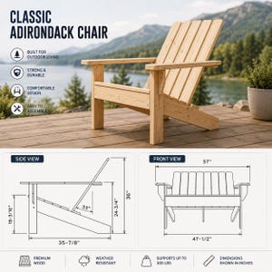 Op de afbeelding: Een lichtgekleurde houten Adirondack-stoel met een lattenrugleuning en brede armleuningen. De afbeelding bevat technische tekeningen met een hoogte van 91,4 cm, een breedte van 144,8 cm en een diepte van 91,1 cm, met een draagvermogen van 136 kg.