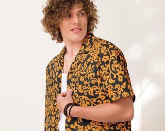Yakuza Like a Dragon Tianyou Zhao Inspired Hawaiian Shirt Gold and Black Tropical Vine Pattern Button Up