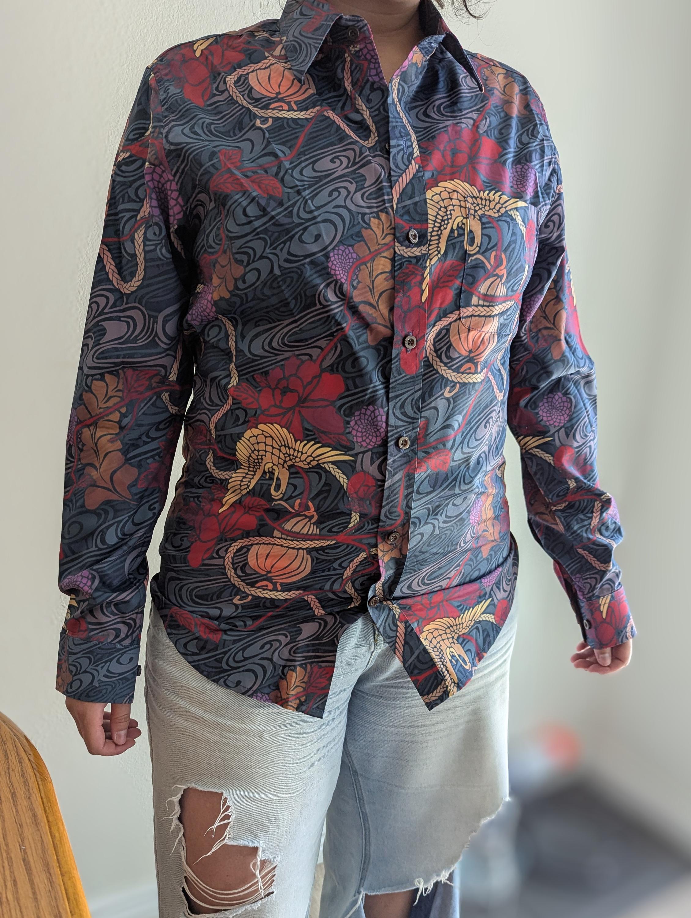 Men's Japanese Crane Print Button-up Shirt: Yakuza Style