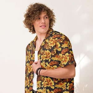 Majima Goro Hawaiian Shirt with Yellow Hibiscus | Like a Dragon Pirate Yakuza in Hawaii Inspired Anime Gamer Shirt Button-Up Shirt