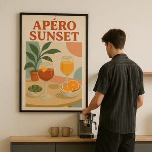 Apéro Sunset Poster, mediterrane Küche Wandkunst, Retro Digitaldruck, Collagenstil, druckbare Sommerdekoration, Instant Download