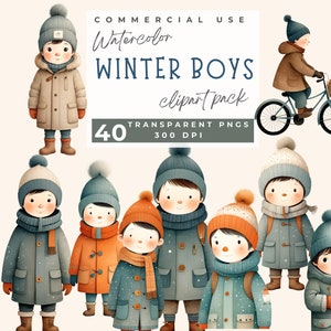 Cute boy winter clipart, Christmas Cute Kids Clip art PNG Watercolor Cute children illustration, happy boy and girl graphics, Commercial Use