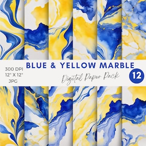 Papel digital con efecto mármol azul real y amarillo Papeles digitales con efecto mármol azul marino y amarillo Paquete de papel para álbum de recortes digital con descarga INSTANTÁNEA