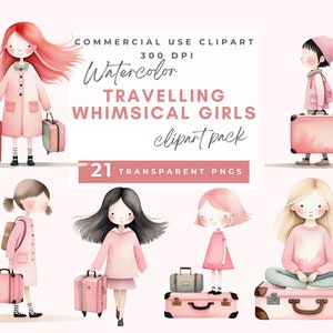 Caprichosa chica clipart viaje acuarela clipart Pink Girly Travel Ilustraciones para la elaboración de diarios basura invitaciones Decoración uso comercial