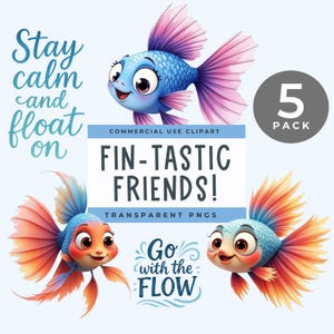 Fish Clipart Pack, Cute Cartoon Fish PNGs, Under the Sea Clip Art, Fin-tastic Friends, Ocean Animal Illustrations, Word Art, Kids Graphics