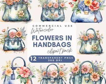 Flowers in handbags clipart watercolor floral handbag PNG floral purse Digital Image Downloads for Card Making Scrapbook Junk Journal Crafts