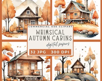 Cozy Autumn Cabins Clipart, Autumn Cabins Digital papers JPG, Cozy Cabin Illustrations for Fall Projects, Home Decor and Seasonal Crafts