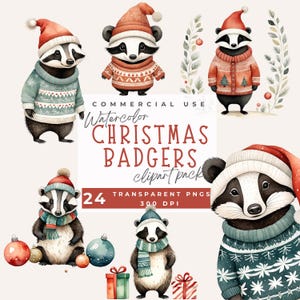 Christmas Badger Clipart, Cute Whimsical Christmas Badger Clip art PNG, Printable Watercolor clipart Paper craft junk journals Nursery Decor