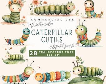 Watercolor Caterpillar Clipart, Whimsical caterpillar clip art PNG, Nursery Decor, Cartoon Art, Insect Cute Caterpillar, Spring insect PNG