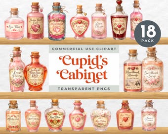 Cupid’s Cabinet Love Potion Clipart, Valentine Apothecary Bottles PNG, Romantic Potion Labels, Vintage Valentine Graphics