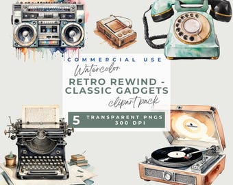 Retro Rewind Classic Gadgets Clipart, Pacote de Clipart de Gadgets Retro Transparente Ícones Vintage Telefone Walkman Estéreo Toca-discos Máquina de Escrever