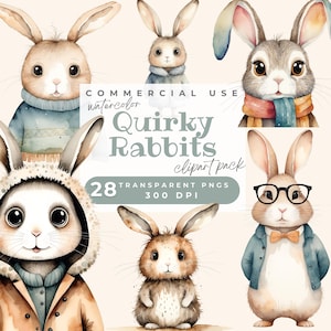 Quirky Rabbit Clipart PNG, Whimsical Bunny Sublimation clip art, Woodland Whimsy Farm graphics, Funny rabbit illustrations, card making