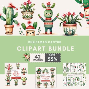 Paquete de imágenes prediseñadas de cactus navideños, imágenes prediseñadas de cactus lindos en acuarela, cactus navideños PNG, patrones sin costuras de cactus, diario basura, álbum de recortes