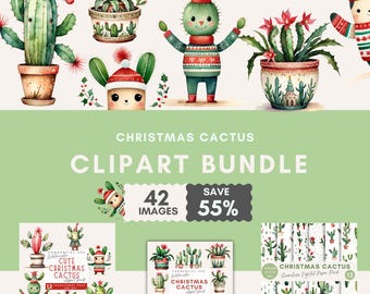 Christmas Cactus Clipart Bundle, Watercolor Cute Cactus Clip Art, Christmas cacti PNG, Cactus seamless patterns, Junk Journal, Scrapbooking