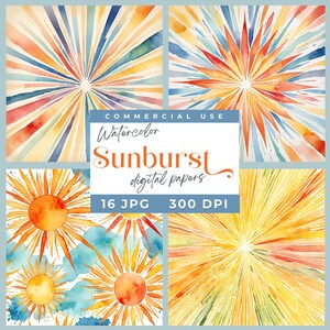 May include: A set of 16 digital papers featuring watercolor sunburst designs in various colors, including yellow, orange, red, and blue. The papers are 300 DPI and perfect for crafting and design projects.