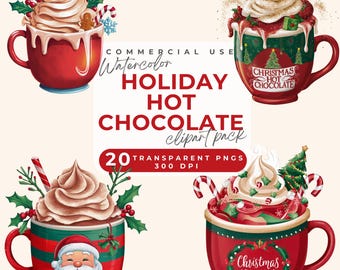 Holiday Hot Chocolate Clipart, Christmas Hot Chocolate Clipart, Winter Hot Cocoa Clipart, Watercolor Hot Cocoa Clip Art PNG  Holiday Cheer