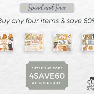 Op de afbeelding: Promotieafbeelding met de tekst "Sparen en besparen" en "Koop vier items en bespaar 60%". Er worden vier productafbeeldingen weergegeven, elk met een ander thema: katten, Kerstmis, safaridieren en meer katten. De code "4SAVE60" wordt weergegeven.