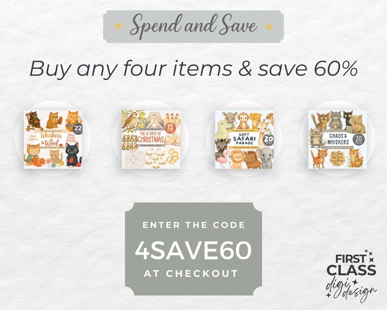 Op de afbeelding: Promotieafbeelding met de tekst "Sparen en besparen" en "Koop vier items en bespaar 60%". Er worden vier productafbeeldingen weergegeven, elk met een ander thema: katten, Kerstmis, safaridieren en meer katten. De code "4SAVE60" wordt weergegeven.