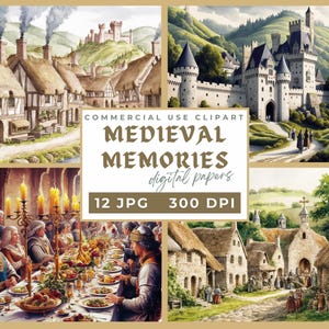 Medieval digital papers, medieval village scenes clipart, Medieval town images JPG, castle Banquet  Printable Scrapbook Paper Junk Journals