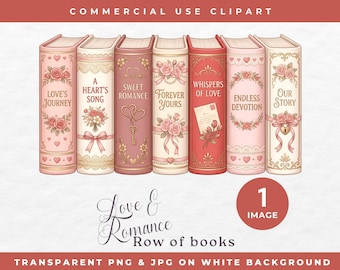 Love Romance Row Of Books Clipart, Romantasy Bookish Clipart, Commercial Use Clipart Bookish, Valentine Books PNG