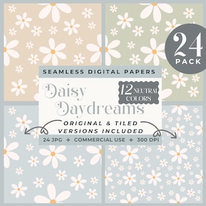 Daisy Daydreams Digital Paper, Seamless Floral Pattern Pack, Neutral Daisy Scrapbook, 24 JPGs, Muted Boho Printable pages, Craft Backgrounds