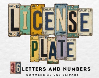 License Plate Letters Clipart, Retro Alphabet PNG, Road Trip Numbers, Vintage Car Sign Graphics, Travel Scrapbook Clip Art