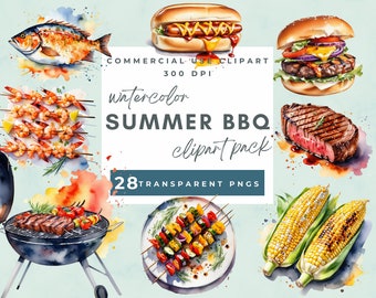 Watercolor BBQ Party Clipart, Summer BBQ clipart,  Backyard BBQ Grill, Hot Dog Illustrations Burger png, Food png, meat and fish clipart png