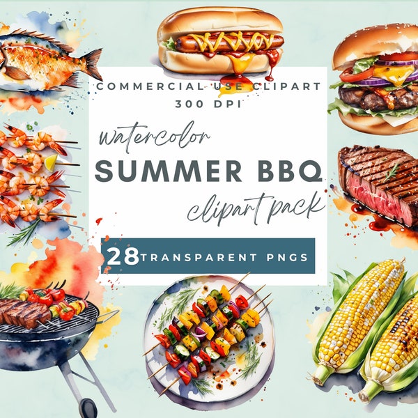 Watercolor BBQ Party Clipart, Summer BBQ clipart,  Backyard BBQ Grill, Hot Dog Illustrations Burger png, Food png, meat and fish clipart png